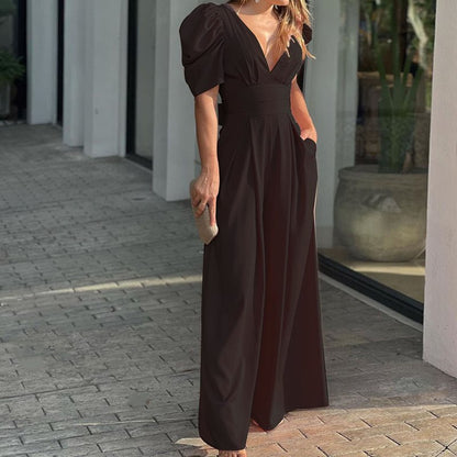 Robe maxi élégante pour femmes avec des manches bouffantes et un décolleté en V profond Chic und Stil