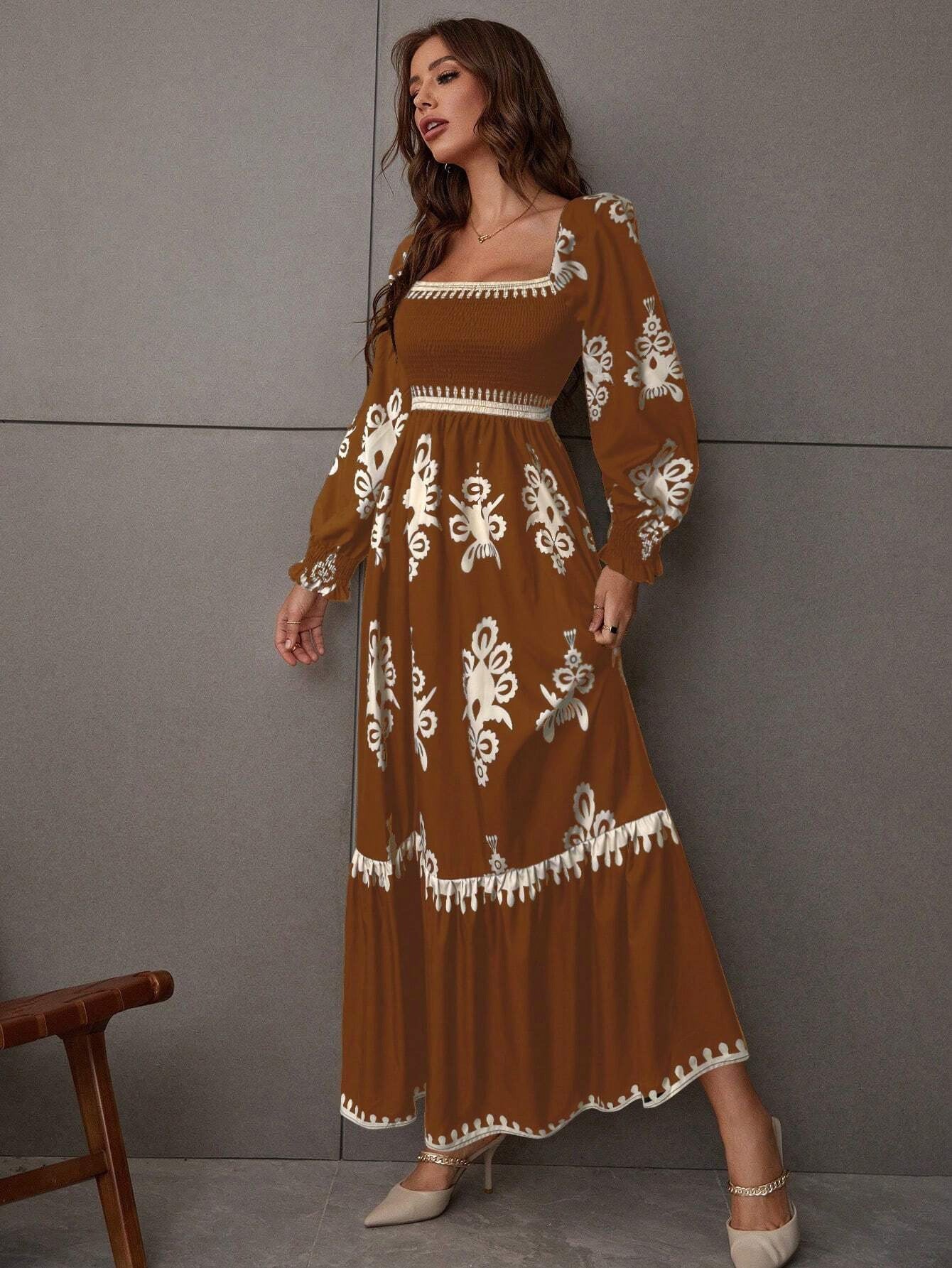 Femme Robe maxi élégante avec coupe à manches bouffantes et détails floraux Chic und Stil