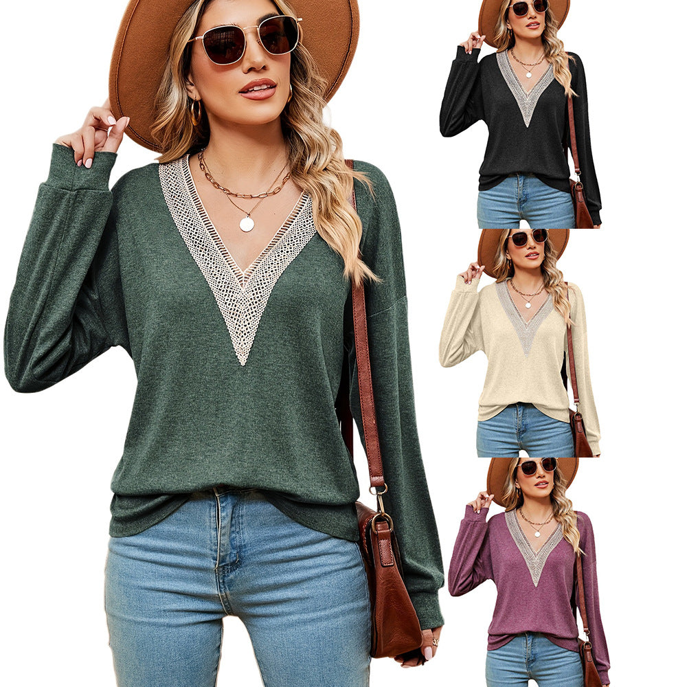 Pull femme à encolure en V avec accents en dentelle et coupe décontractée Chic und Stil