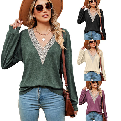 Pull femme à encolure en V avec accents en dentelle et coupe décontractée Chic und Stil