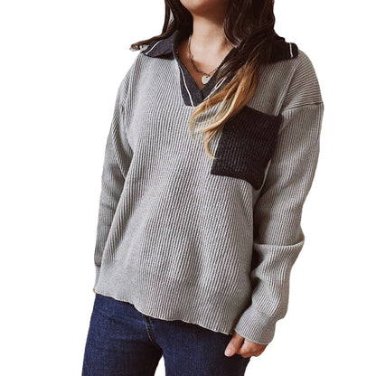 Pull femme décontracté à col V avec design ribbed texturé et col contrasté Chic und Stil
