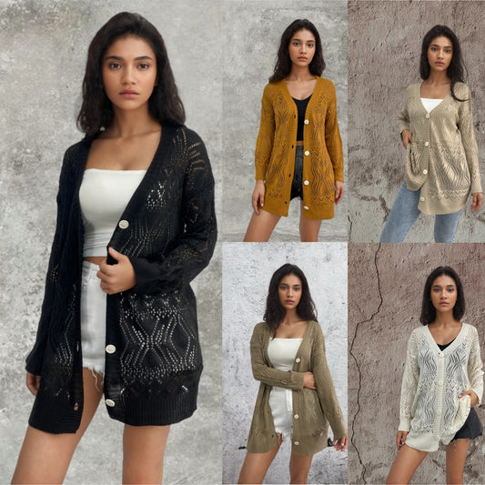 Cardigan en tricot pour femmes avec des motifs aérés et des détails de boutons Chic und Stil