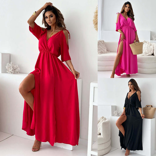 Robe maxi élégante pour femmes avec décolleté en V profond et fente Chic und Stil