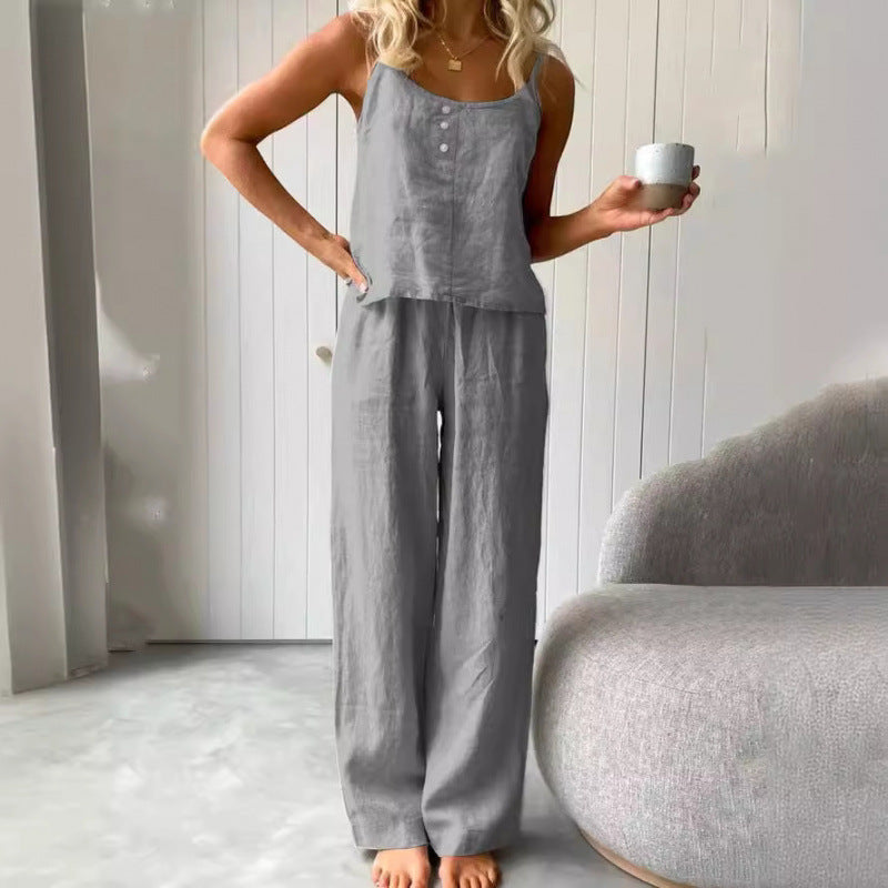 Casual linen set for women with strapless blouse and wide leg pants Chic and Style
