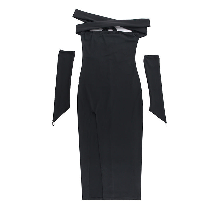 Dames élégante robe maxi avec décolleté off-shoulder et longue fente Chic und Stil