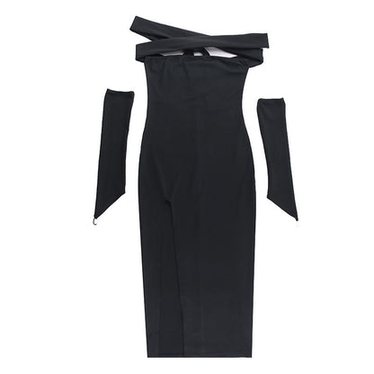 Dames élégante robe maxi avec décolleté off-shoulder et longue fente Chic und Stil