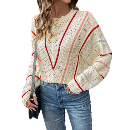 Pull en tricot pour femmes avec un modèle de trou moderne et des rayures décoratives Chic und Stil