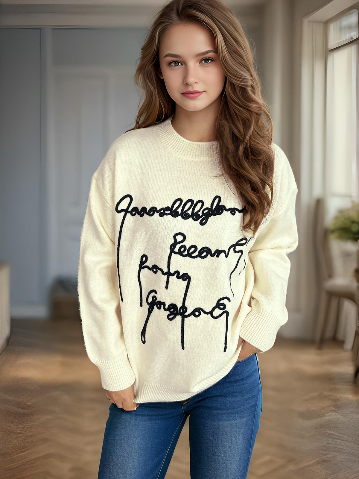 Pull décontracté pour femmes avec inscription créative Chic und Stil