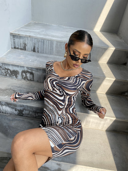 Women's Long Sleeve Abstract Print Mini Dress Chic and Style
