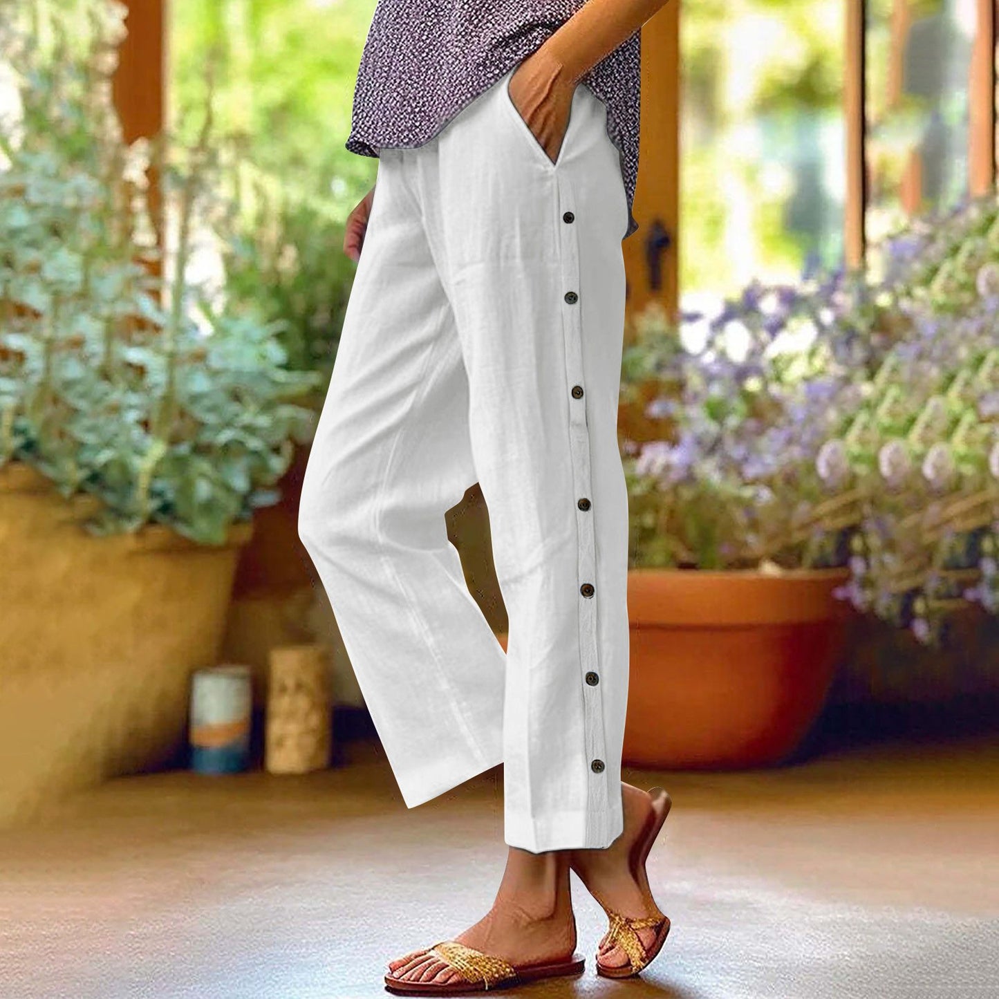 Casual linen pants for women with button details Chic and Style