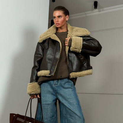 Dames faux cuir veste avec intérieur pelucheux Chic und Stil