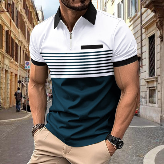Hommes Polo-Shirt Zip à Rayures Contrastées Modernes Chic und Stil
