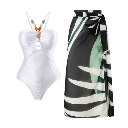 Maillot de bain une pièce pour femmes avec des accents en perles décoratives et une élégante jupe maxi Chic und Stil