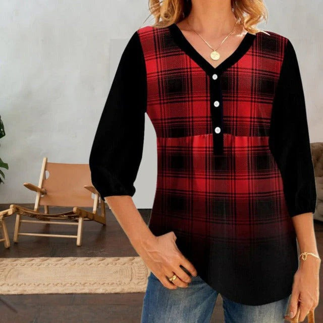 Blouse en viscose pour femmes avec motif à carreaux tendance et élégante patte de boutonnage Chic und Stil