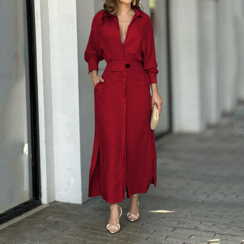Robe maxi femme en lin léger avec élégante patte de boutonnage et fentes latérales pratiques Chic und Stil