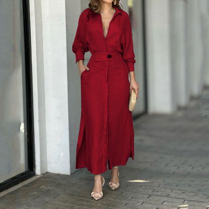 Robe maxi femme en lin léger avec élégante patte de boutonnage et fentes latérales pratiques Chic und Stil