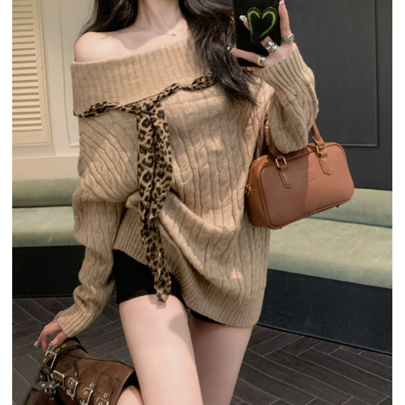 Pull en grosses mailles pour femmes avec épaule dénudée et accent de nœud ludique Chic und Stil