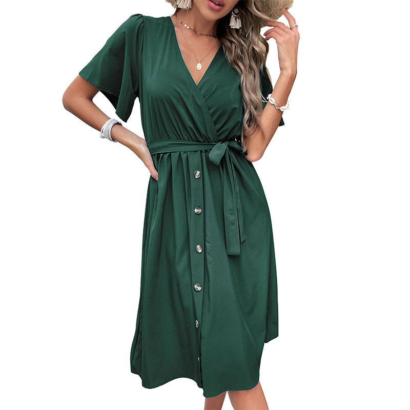 Robe midi à bouton enroulé pour femme avec pochette de ceinture Chic und Stil