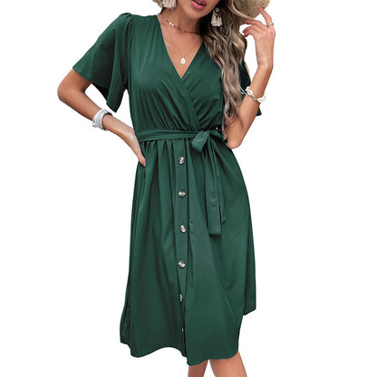 Robe midi à bouton enroulé pour femme avec pochette de ceinture Chic und Stil