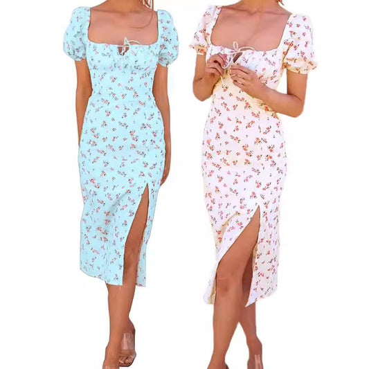 Robe midi florale pour femmes avec manches bouffantes et fente latérale Chic und Stil
