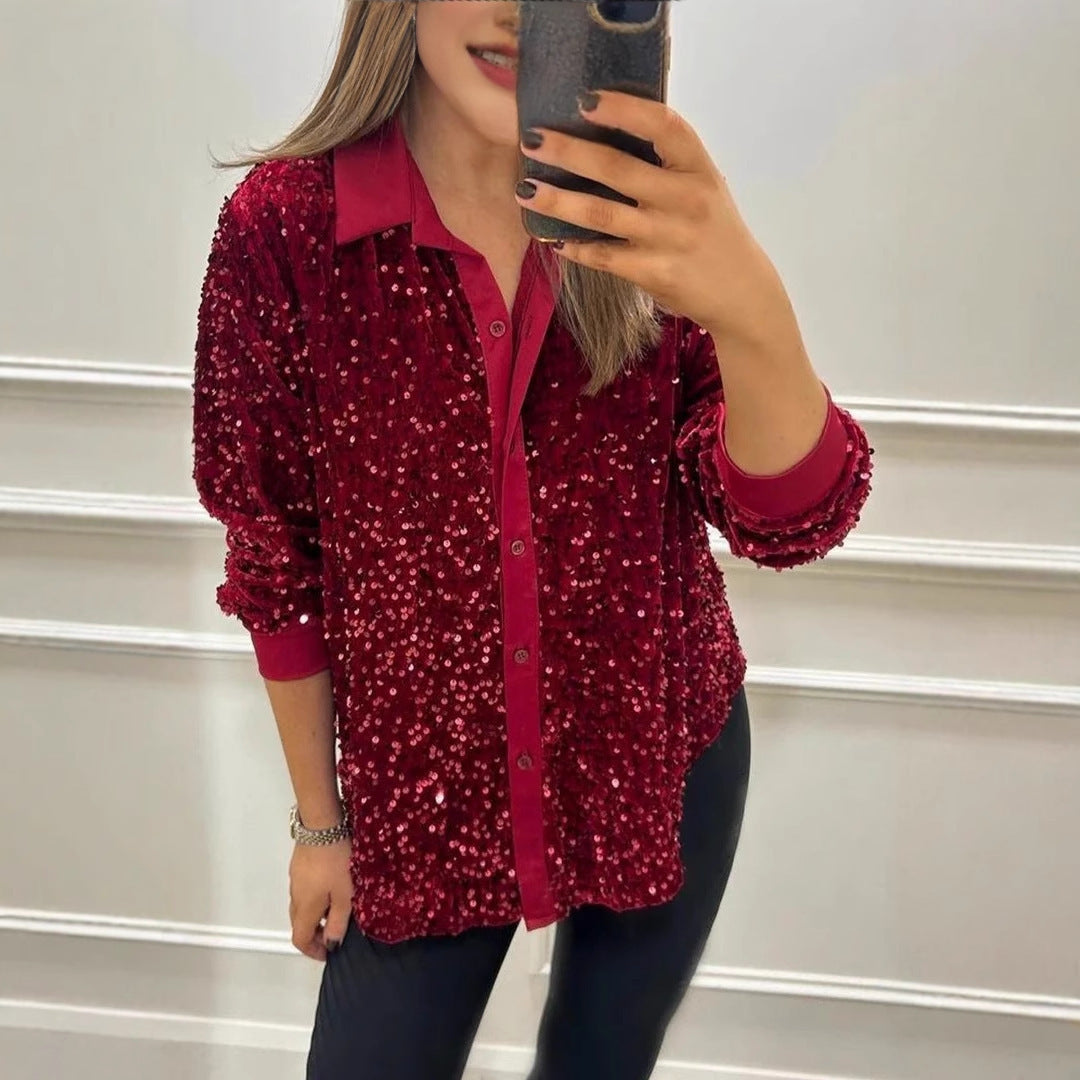 Dames Blouse scintillante en sequins avec col classique Chic und Stil