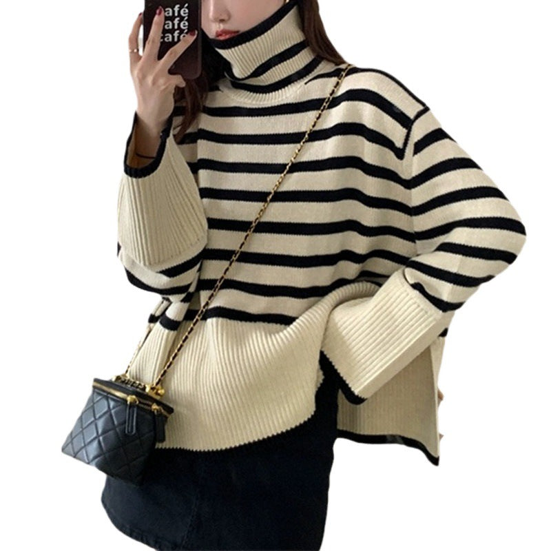 Pull à col montant décontracté pour femmes avec motif à rayures Chic und Stil