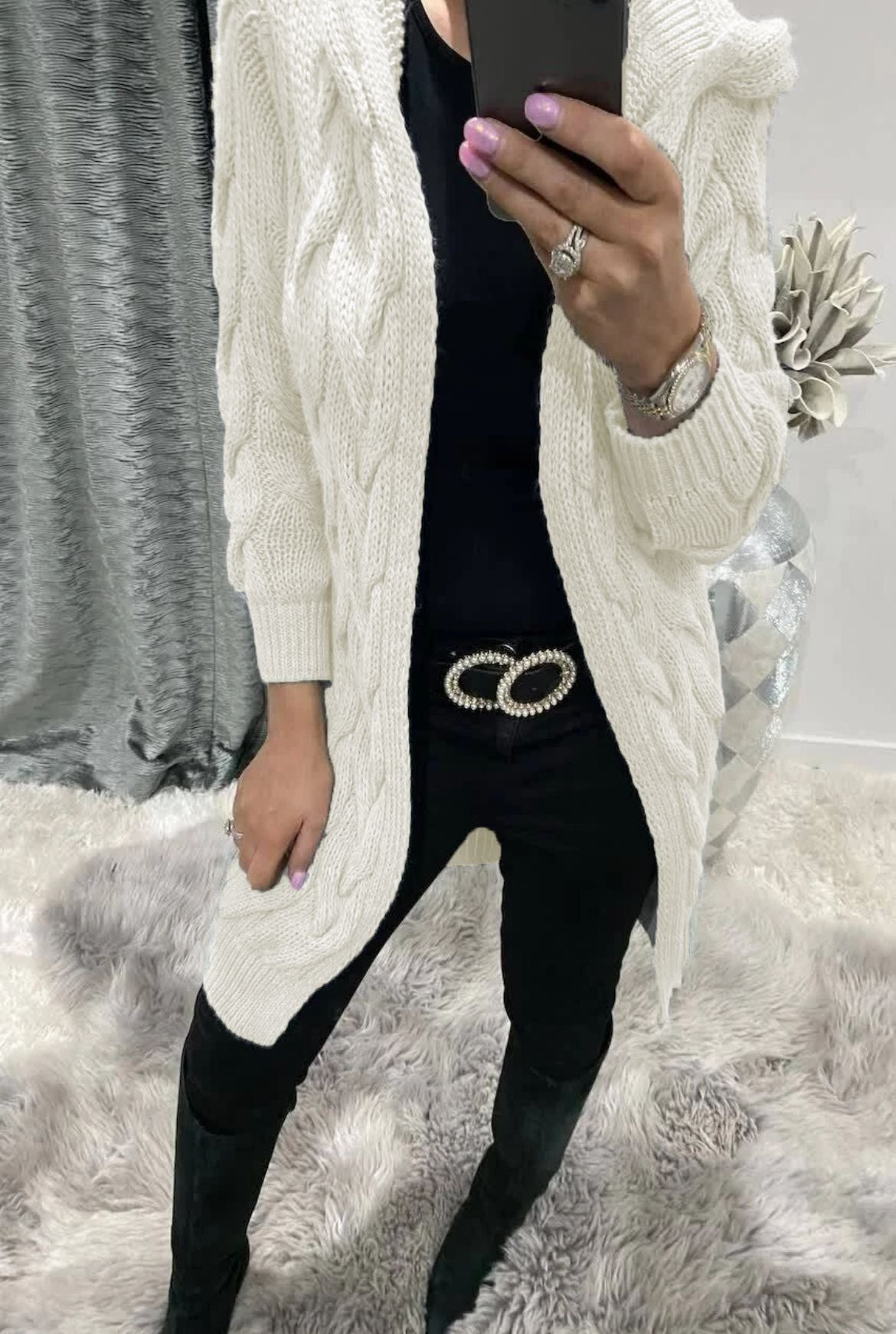 Dames Gros Tricot Cardigan avec Capuche et Motif en Relief Chic und Stil