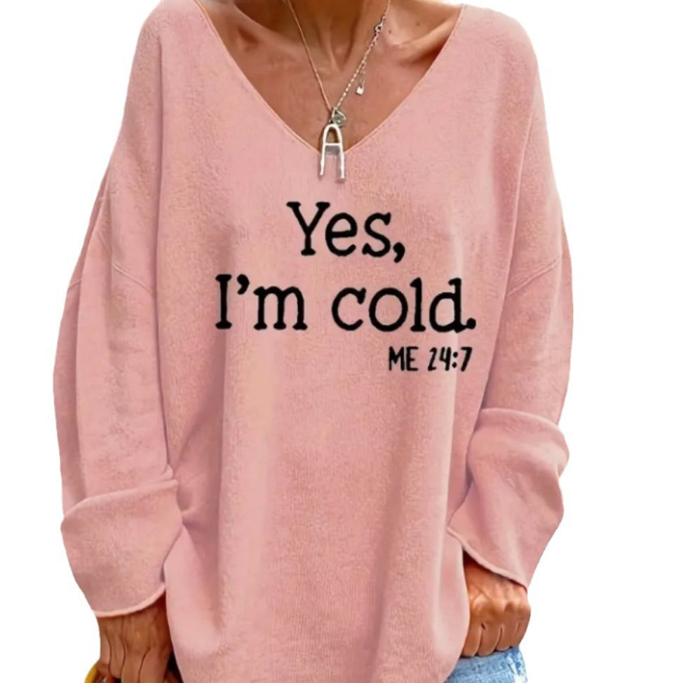 Dames pull oversized avec décolleté en V moderne et statement imprimé Chic und Stil