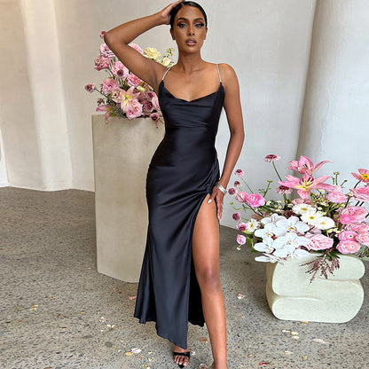 Femmes Robe maxi élégante avec fente latérale profonde et bretelles spaghetti réglables Chic und Stil