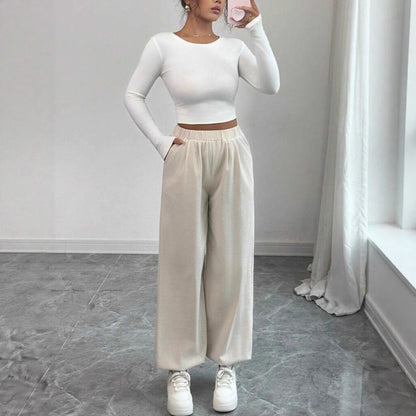 Ladies Long Sleeve Cropped Top Comfortable with Soft Ribbed Design and Stylish Casual Pants Chic and Style