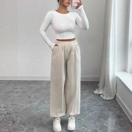 Ladies Long Sleeve Cropped Top Comfortable with Soft Ribbed Design and Stylish Casual Pants Chic and Style
