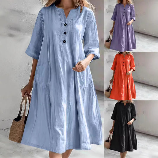 Robe en lin décontractée pour dames avec poches pratiques et détails en bouton Chic und Stil