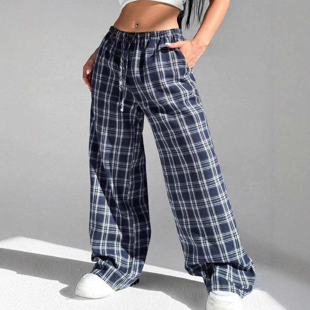 Wide plaid casual pants for women with elastic waistband and drawstring Chic und Stil