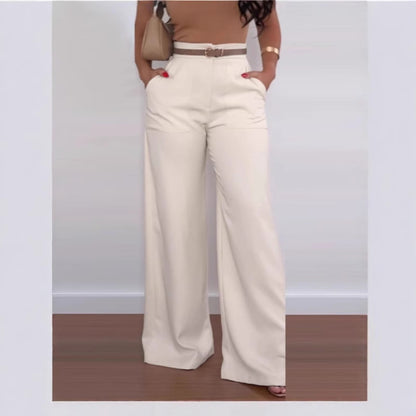 Ladies High-Waisted Wide-Leg Pants with Pockets Chic and Style