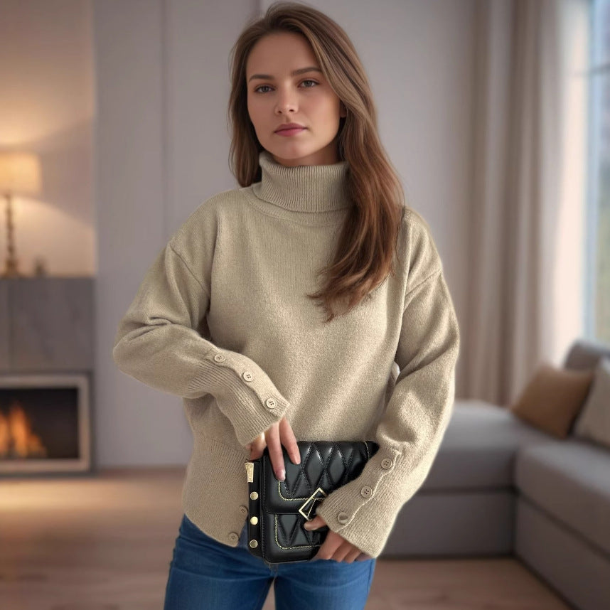 Pull col roulé tendance pour femmes avec détails de boutons et ourlet asymétrique Chic und Stil