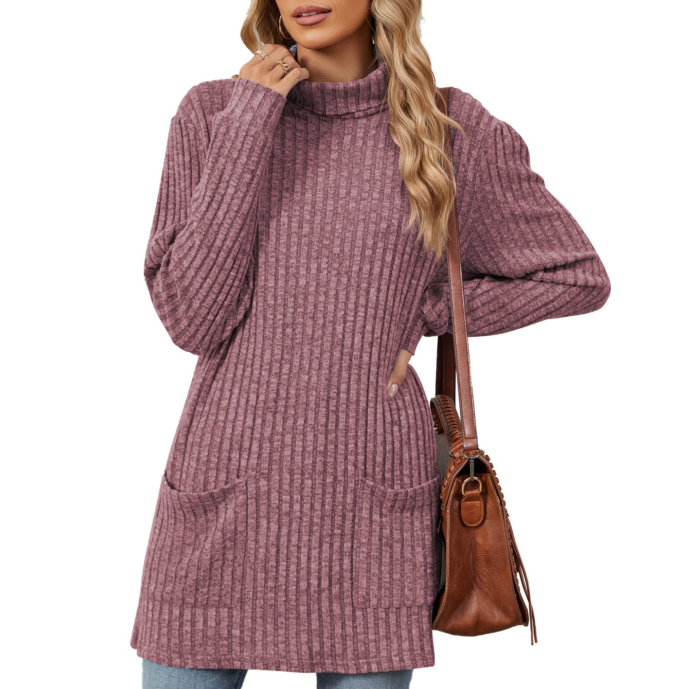 Pull en tricot surdimensionné pour femmes avec col montant et poches pratiques Chic und Stil