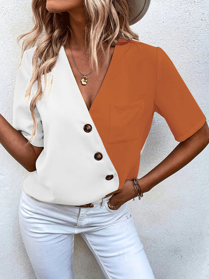 Blouse design féminin avec coupe asymétrique et fermeture à boutons élégante Chic und Stil