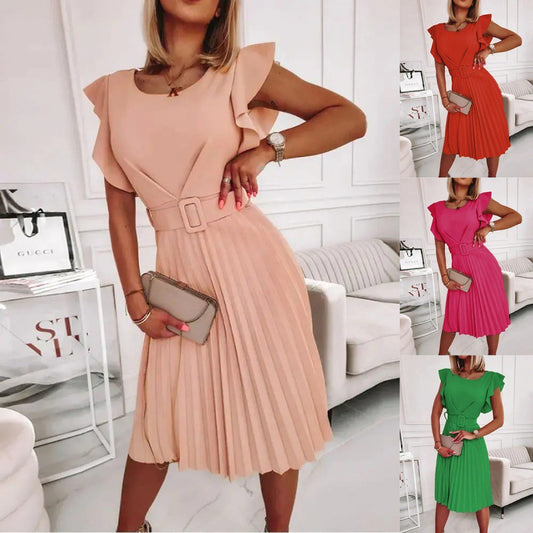 Robe midi plissée pour femmes avec manches à volants Chic und Stil