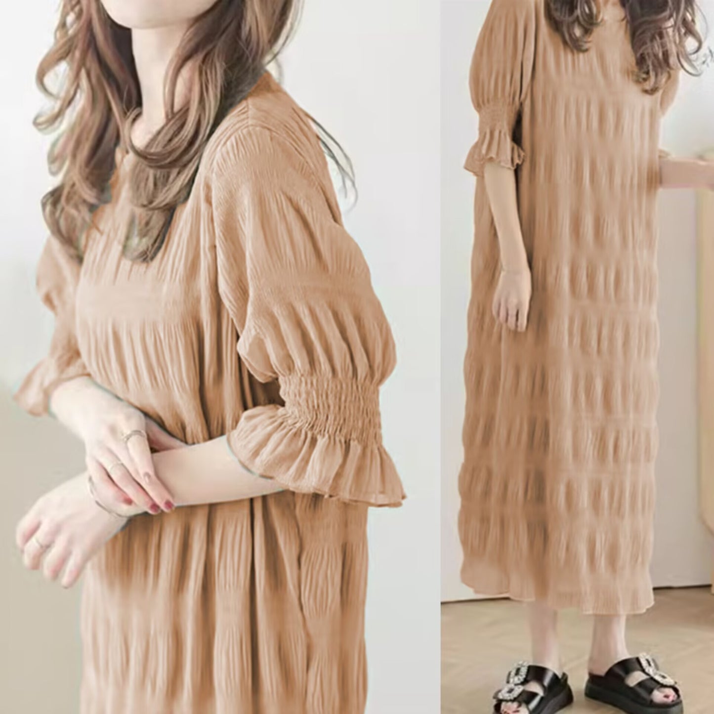 Robe maxi décontractée pour femmes avec des manches bouffantes élastiques et un design texturé raffiné Chic und Stil