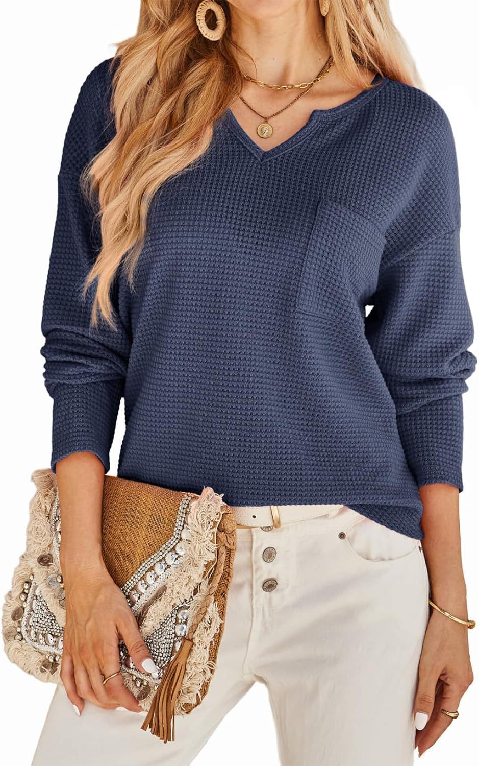 Pull femme en structure gaufrée avec décolleté en V profond et poches pratiques Chic und Stil