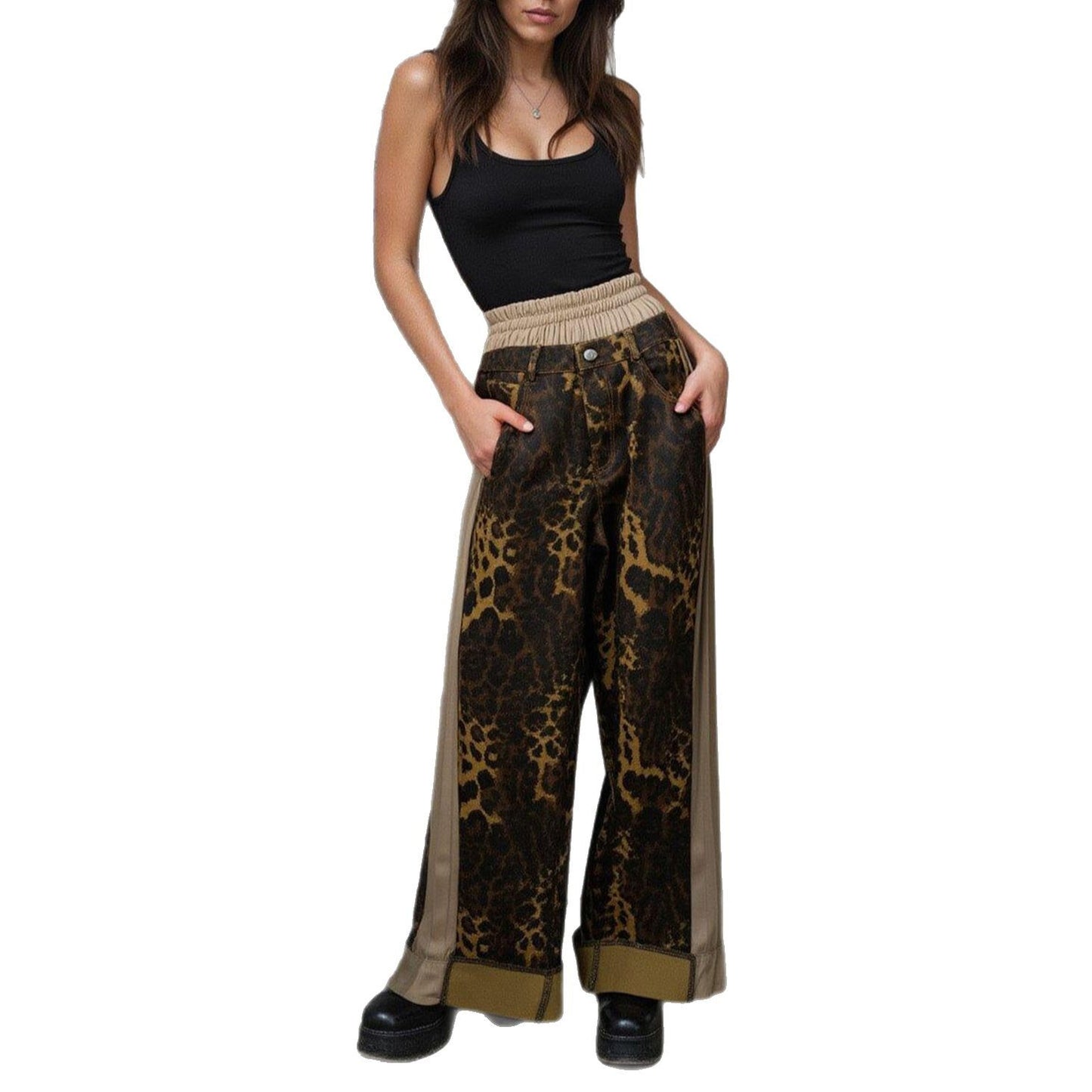 Wide leg pants for women with leopard print and elastic waistband Chic und Stil