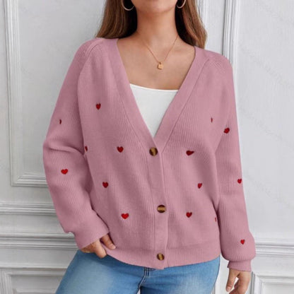 Dames cardigan décontracté avec applications en forme de cœur et décolleté en V profond Chic und Stil