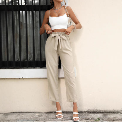 Pantalon chino décontracté pour femmes avec ceinture à nouer tendance et taille élastique Chic und Stil