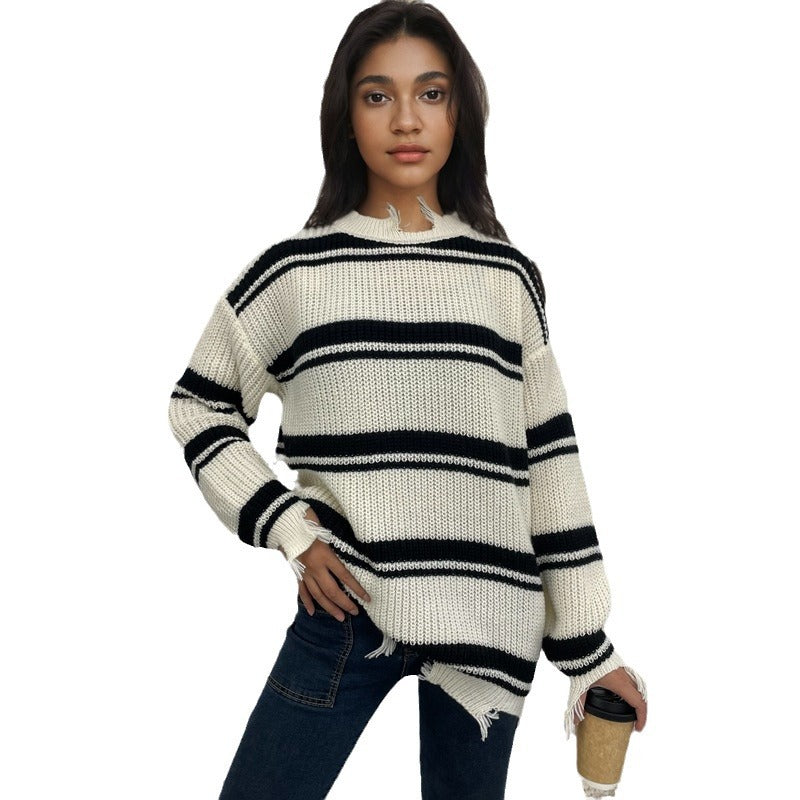 Pull en gros tricot pour femmes avec motif rayé à la mode et coupe décontractée Chic und Stil