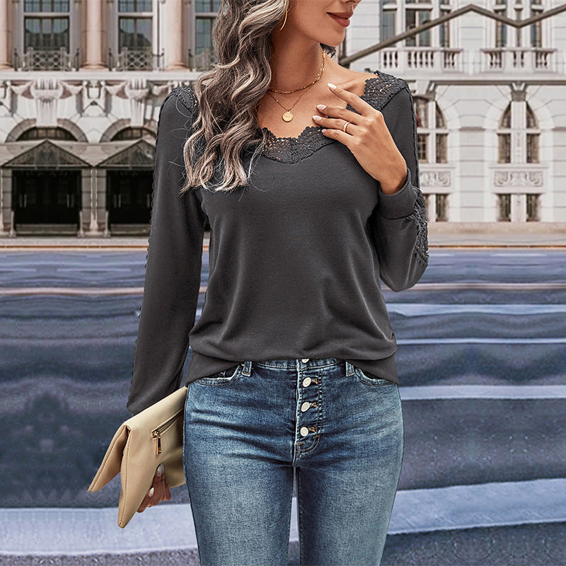 Chemisier à manches longues pour femmes avec ornements en dentelle et décolleté en V Chic und Stil