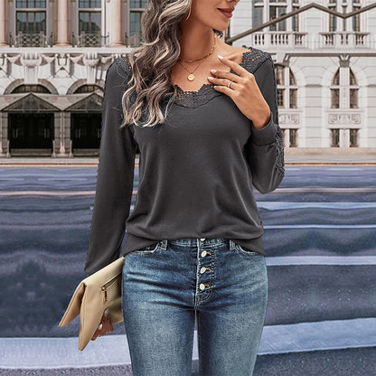 Chemisier à manches longues pour femmes avec ornements en dentelle et décolleté en V Chic und Stil