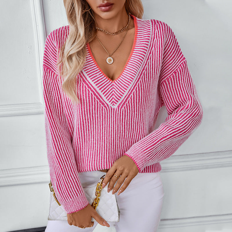 Pull-over en tricot pour femmes avec décolleté en V et design rayé Chic und Stil