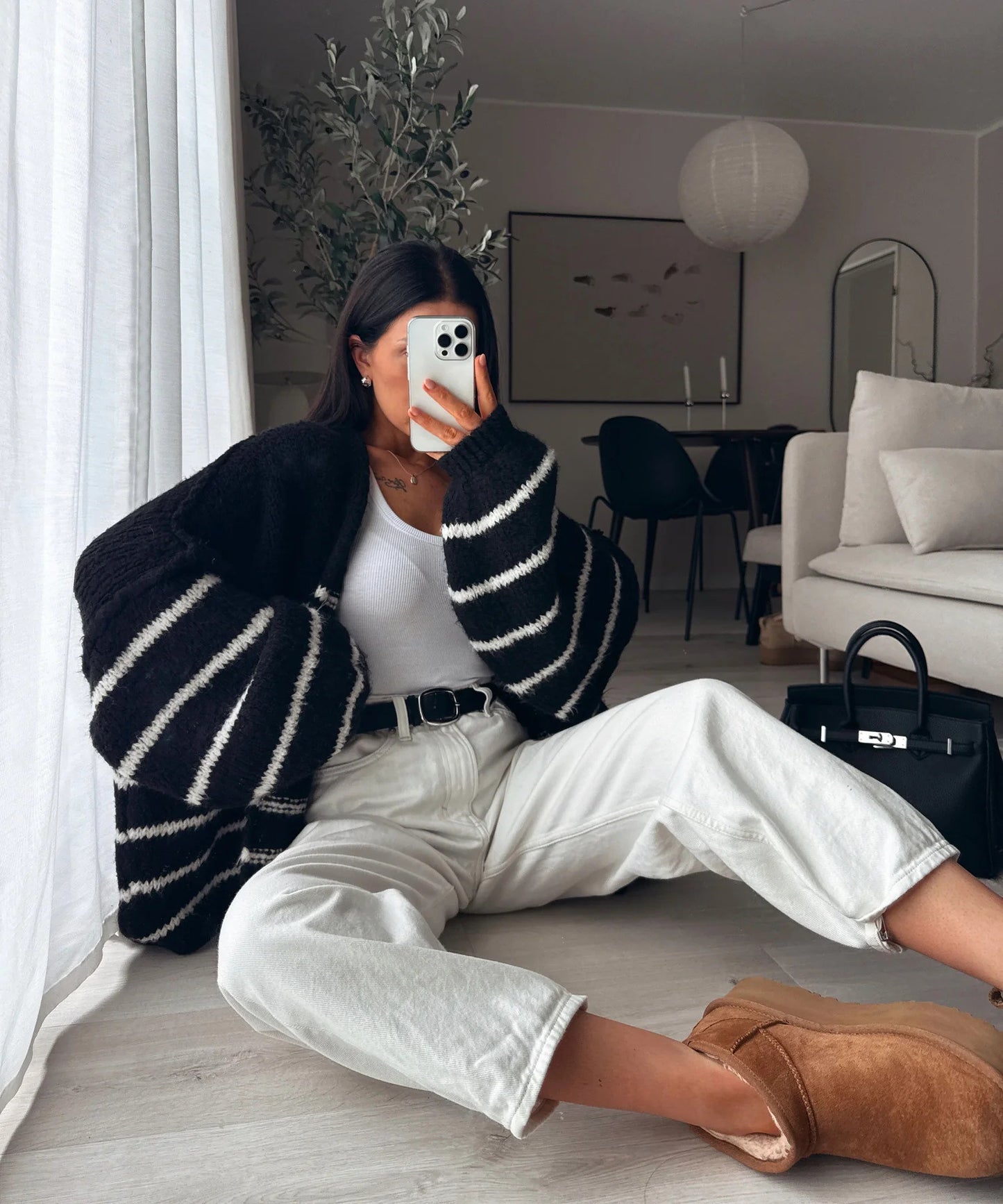 Dames pull long oversized avec design rayé et manches volumineuses Chic und Stil