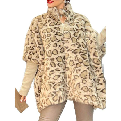 Dames Élégante Veste en Peluche avec Motif Léopard et Col Montant Chic und Stil