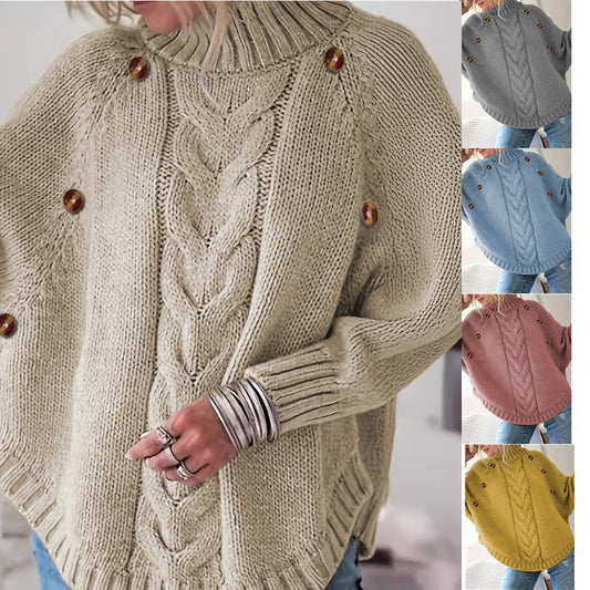 Dames gros pull en tricot avec col haut et détails de boutons Chic und Stil